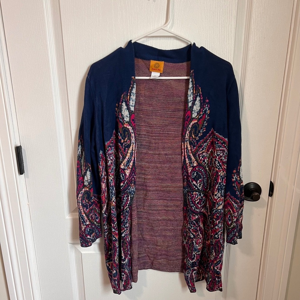 Ruby Rd Navy Blue Paisley Intarsia Open Front Cardigan Sweater Womens Size M